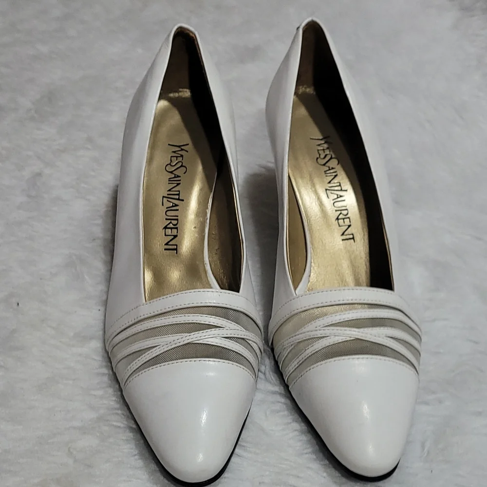 Vintage Yves Saint Laurent White Leather block Kitten Heels